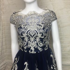 Chi Chi London Silver Lace & Blue Tulle Dress Prom